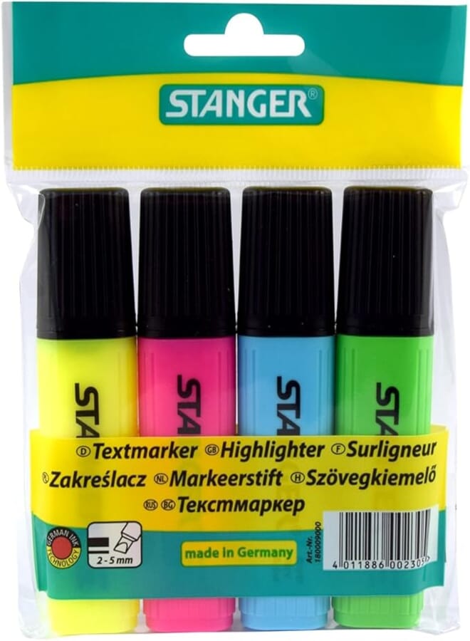 STANGER 180009000 Highlighter Set of POCKET4 PB, Yellow/Pink/Blue/Green